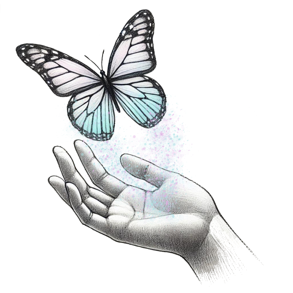 Logo de la thérapeute, c'est une main d'où sorte des bulles redonnant de la couleur au papillon qui vole au dessus
